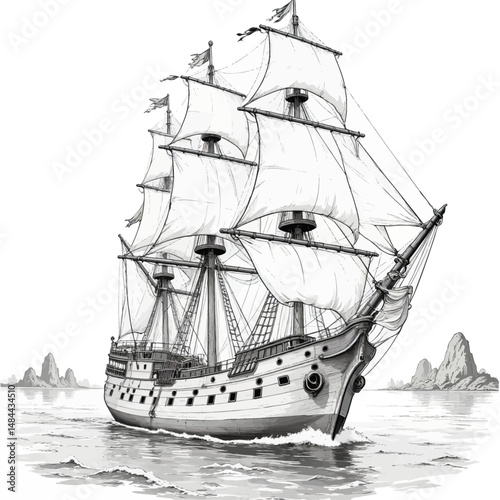 Sailing Ship Voyage Stormy Seas Rocky Shores Black and White Vintage Illustration