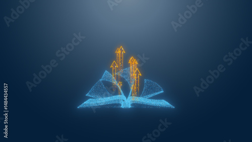 Open book with abstract arrows symbolizing growth, knowledge, and inspiration in a digital space.