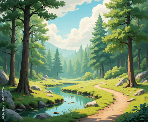 Serene Forest Path by Stream with Tall Trees and Sunny Meadow