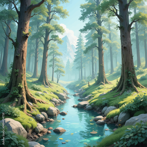 Serene Forest Stream with Mossy Rocks and Towering Trees