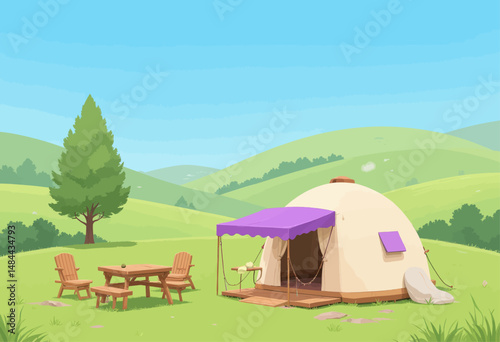 Serene Meadow Camping with Dome Tent and Purple Canopy