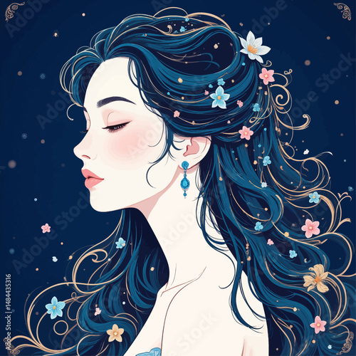Serene Night Beauty with Blue Hair and Floral Accents