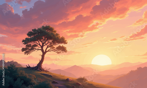 Serene Sunset Landscape with Solitary Tree and Rolling Hills