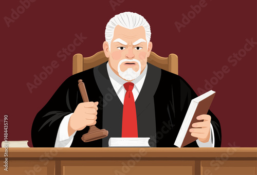 Serious Judge Holding Gavel and Book in Courtroom with Red Robes and Tie