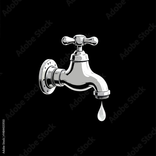 Silvery Faucet Dripping Single Drop on Black Background