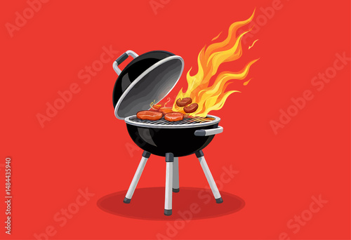 Sizzling BBQ Grill with Hot Dogs on Red Background