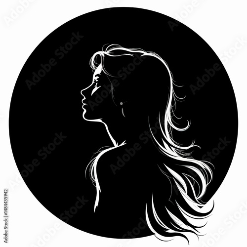 Silhouetted Woman with Curly Hair in Minimalist Black Circle
