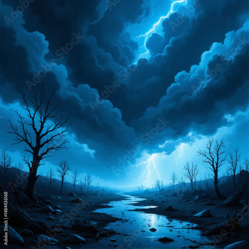 Stormy Night Landscape with Lightning and Rain
