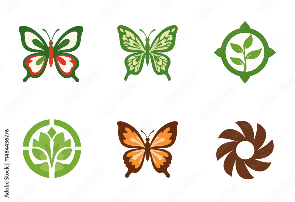 Fototapeta premium Vibrant Butterflies and Green Leaves Logos in Nature Theme