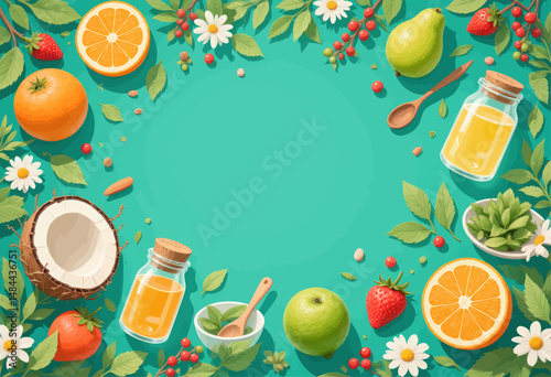 Tropical Fruits and Botanicals on Turquoise Background