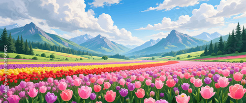Vibrant Mountain Meadow Spring Tulips Under Blue Sky