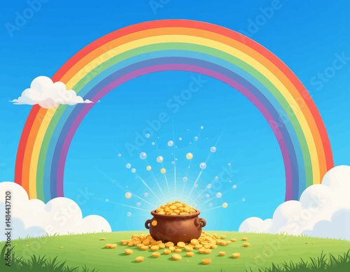 Vibrant Rainbow Over Pot of Gold in Lush Meadow with Sparkling Coins