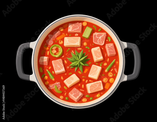 Vibrant Korean stew with tofu, meat, vegetables, spices