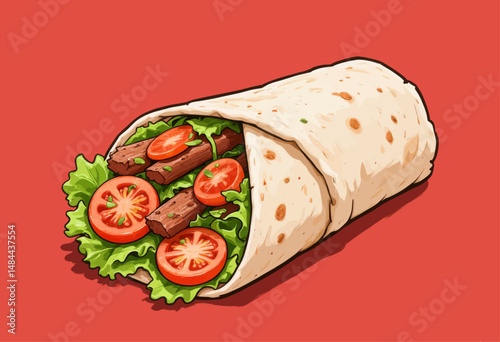 Vibrant Wrap with Beef, Lettuce, Tomatoes on Red Background