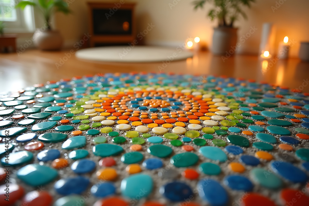 Obraz premium Close-up of a radiant mosaic mandala artwork crafted from colored stones and glass tiles, glowing softly in a tranquil meditation room atmosphere. AI-generated