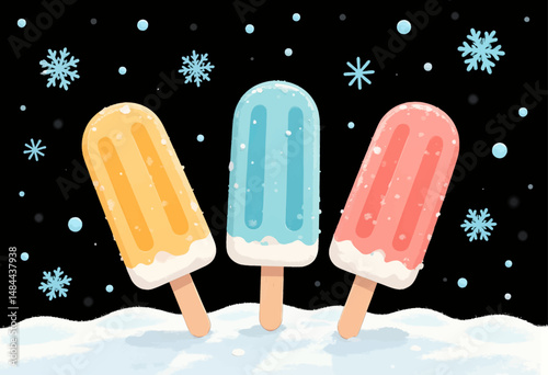 Winter Popsicles in Snowy Night with Falling Snowflakes