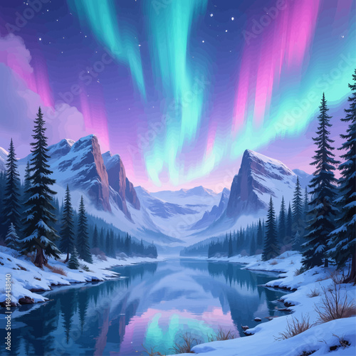 Winter Wonderland: Snowy Peaks, Aurora Borealis, Calm Lake, Pine Trees, Night Sky