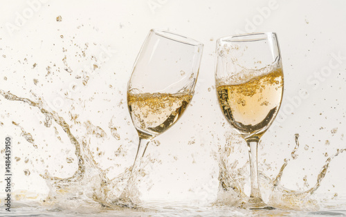 Two wine glasses splashing with white wine on light background photo