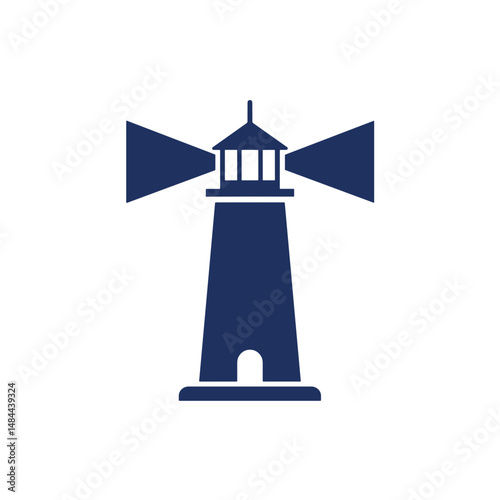 Iconic lighthouse with two light beams in minimalist design  