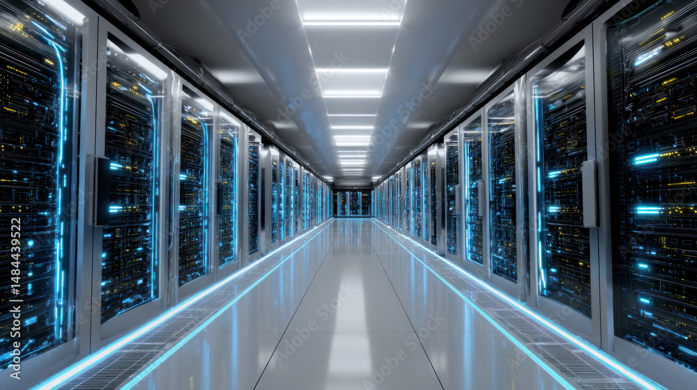 Naklejka premium Futuristic data center scene with rows of rack-mounted servers, active LED lights blinking, perfect airflow management and cable alignment