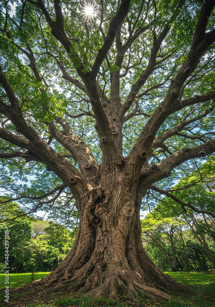Naklejka premium Majestic Ancient Tree: Sunlit Canopy, Lush Green Foliage, Serene Nature Photography