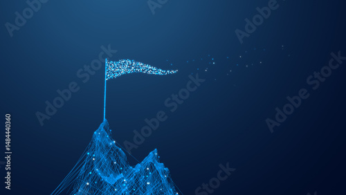 Futuristic Digital Mountain Peak with Glowing Animated Flag, Business Success and Achievement Concept