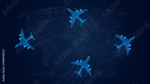 Digital Airplanes Flying Over World Map, Global Air Travel, International Logistics, and Aerospace Innovation Concept