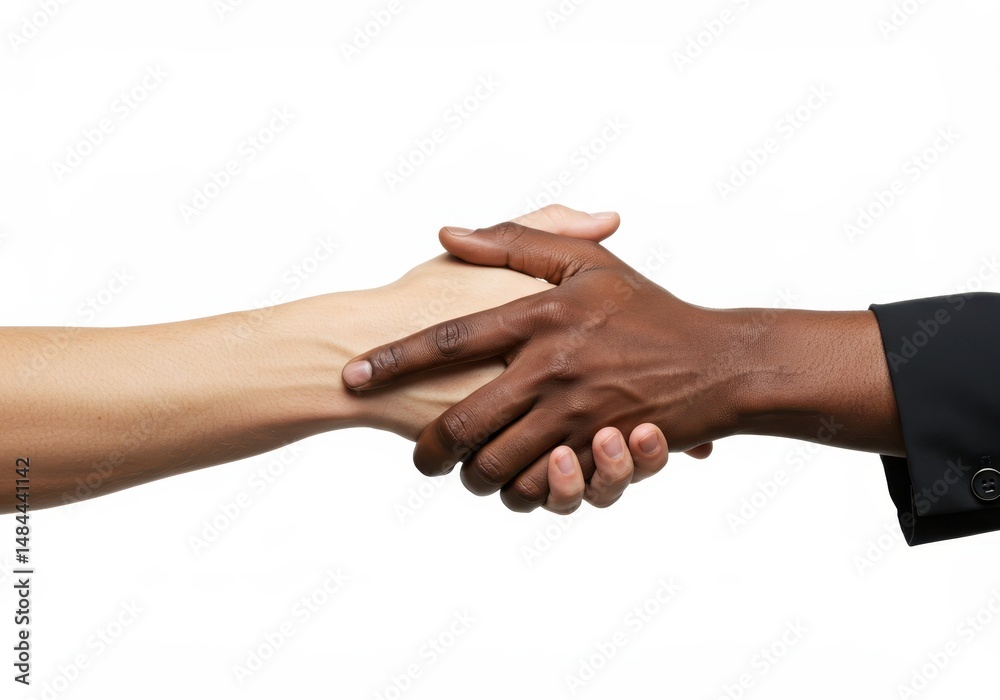 Interracial handshake between a caucasian and an african person on a white background Interracial handshake between a caucasian and an african person on a white background