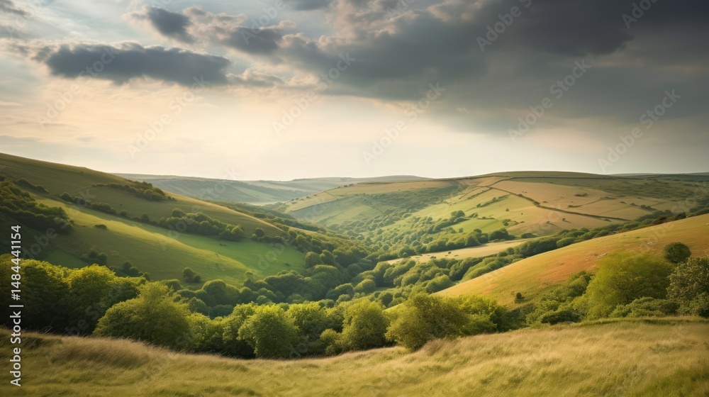 Fototapeta premium Lush green valley landscape under a dramatic sky.