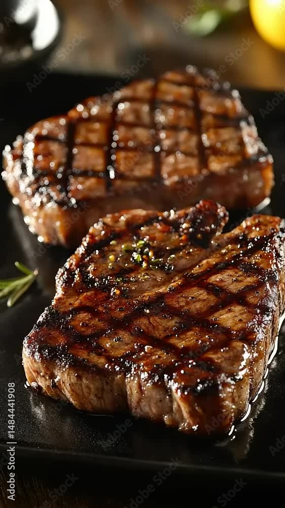 Grilled steak cuts on a black plate garnished with herbs, showcasing a delicious meal Grilled steak cuts on a black plate garnished with herbs, showcasing a delicious meal