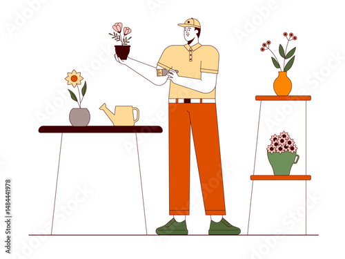 Florist cleaning and painting flower pots to attract buyers. Florist illustration. Flat outline vector illustration concept.