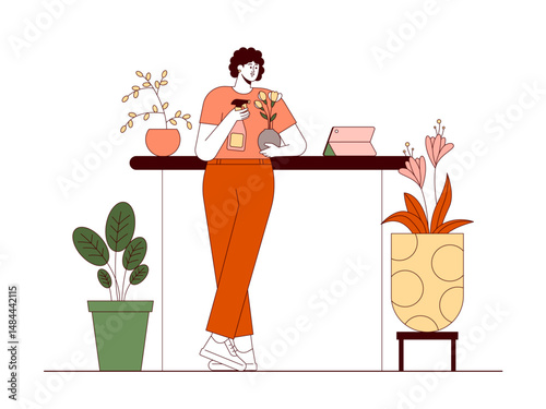 Florist spraying water on flowers. Florist illustration. Flat outline vector illustration concept.
