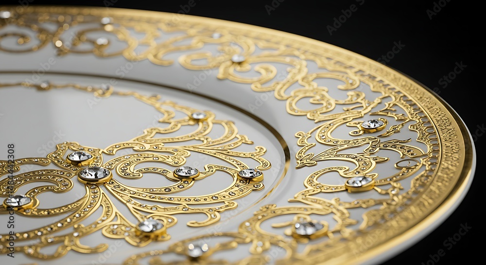 Obraz premium White porcelain plate with gold and diamond dessert decorations