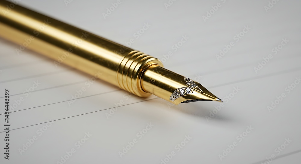 Fototapeta premium Gold calligraphy pen with a diamond tip on a white writing pad