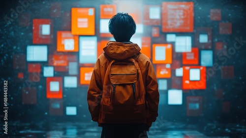 Person with Backpack Looks at Digital Screens