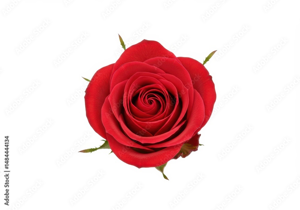 A single red rose blossom with its intricate petals is displayed on a white background A single red rose blossom with its intricate petals is displayed on a white background