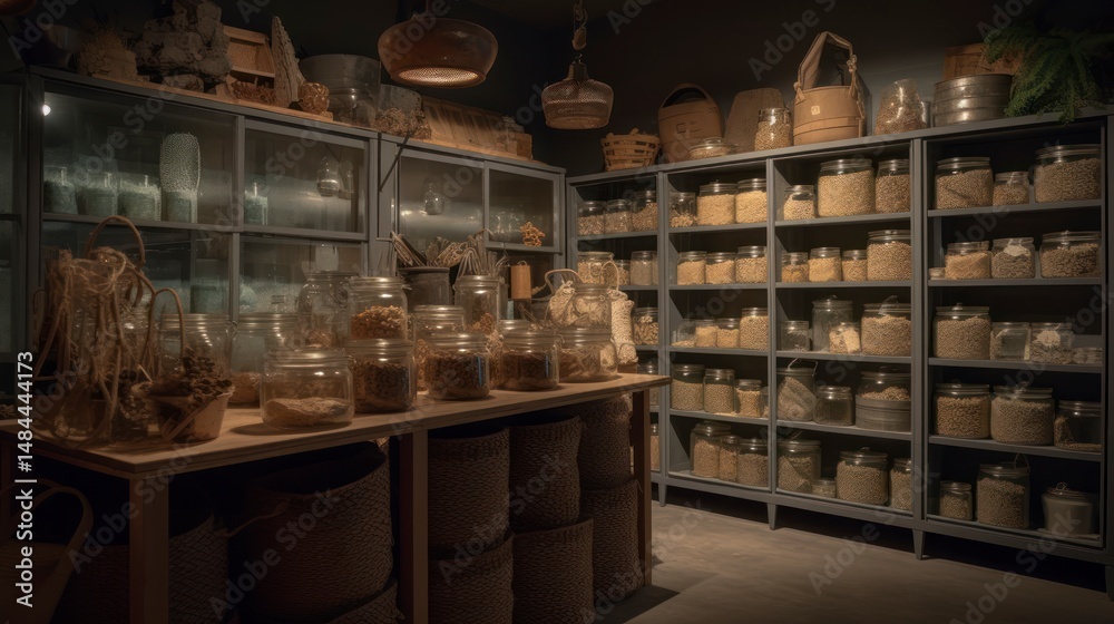 Obraz premium A dimly lit, cluttered room filled with various containers.