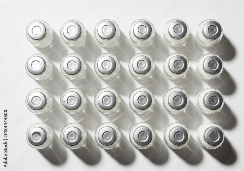 Rows of glass vials with silver caps containing medication for injection or treatment Rows of glass vials with silver caps containing medication for injection or treatment