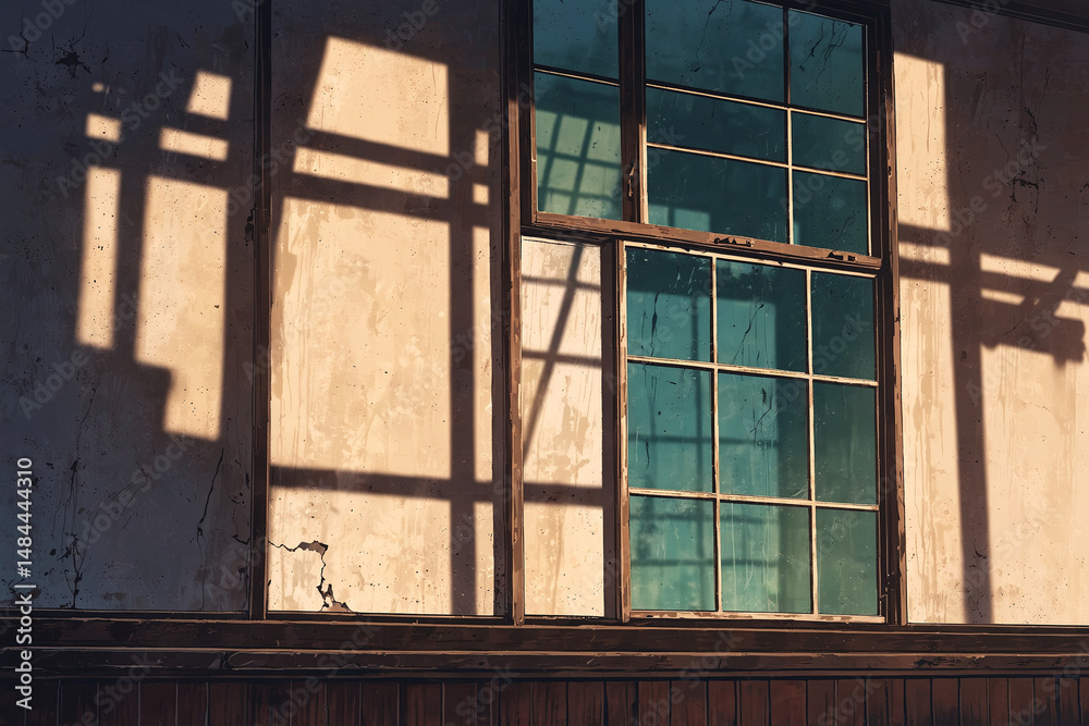 Obraz premium Medium shot of a dusty window casting soft light and faded shadow lines across broken furniture in a quiet cinematic anime mood