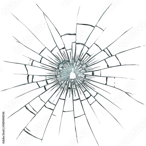 Shattered glass reveals hole with radial cracks, against a stark black backdrop of pure void