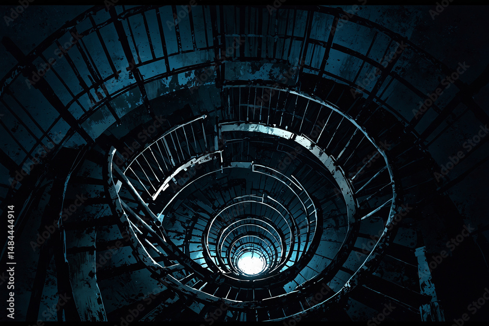 Fototapeta premium Spiral stairway descends into darkness, seen from above with high contrast between broken steps and dim light in anime visual style