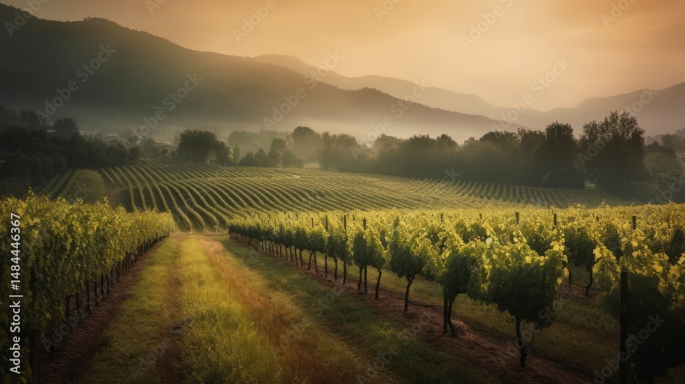 Naklejka premium Vineyard landscape bathed in golden morning light.