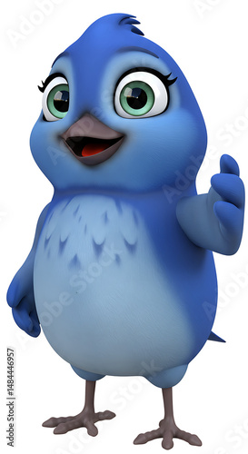 Animated blue bird with big green eyes