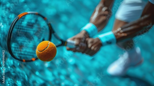 A muscular male tennis player in motion, dressed in white, swings a racket to strike a tennis ball with a backhand swing on a blurred outdoor court.