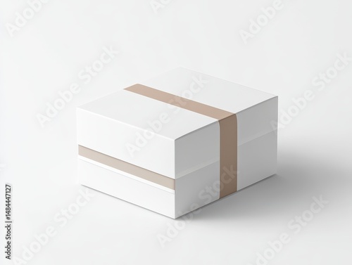 A minimalist white gift box with a beige ribbon