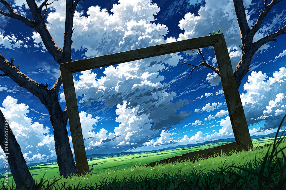 Fototapeta premium Framed through tree branches, the grassland stretches wide under dramatic clouds, adding depth in a scenic anime composition