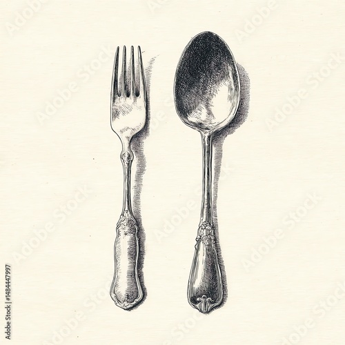 Antique silver fork and spoon illustration