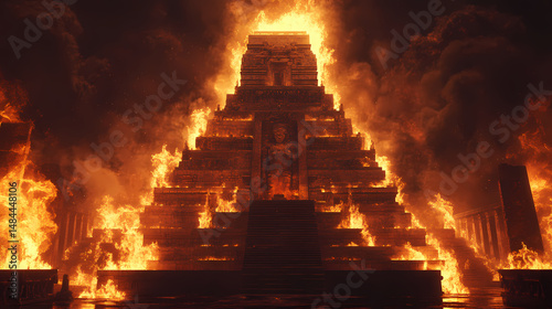 Burning ancient temple complex. [Volcanic Temples] | Pyro Sanctum | burning temple. Illustration