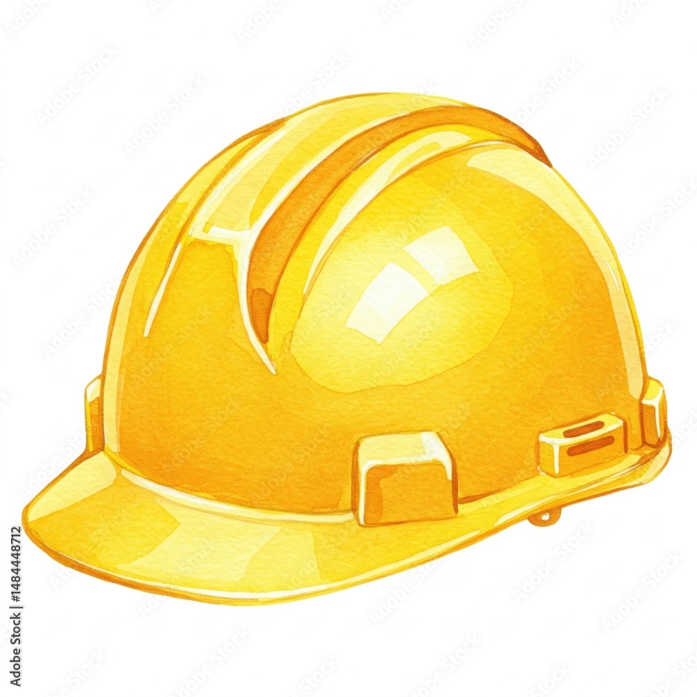 Fototapeta premium A yellow construction hard hat isolated on a white background, illustrated in a watercolor style.