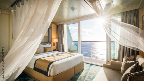 A cozy cruise cabin with a made bed, soft curtains flowing in the breeze, and a bright view of the Caribbean Sea through the window, evoking a sense of serene luxury